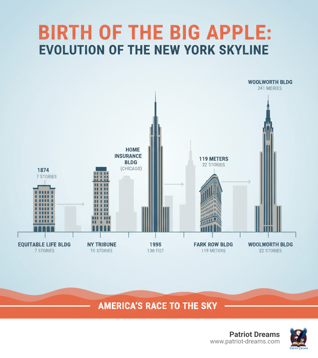 infographic showing the evolution of New York's skyline from 1870 to 1913, with key buildings labeled: Equitable Life Building at 7 stories in 1870, New York Tribune Building at 10 stories in 1874, Home Insurance Building in Chicago at 138 feet in 1885, Park Row Building at 119 meters in 1899, Flatiron Building at 22 stories in 1902, and Woolworth Building at 241 meters in 1913 - Birth of the Big Apple: How the First Skyscrapers Rewrote America’s Skyline infographic 