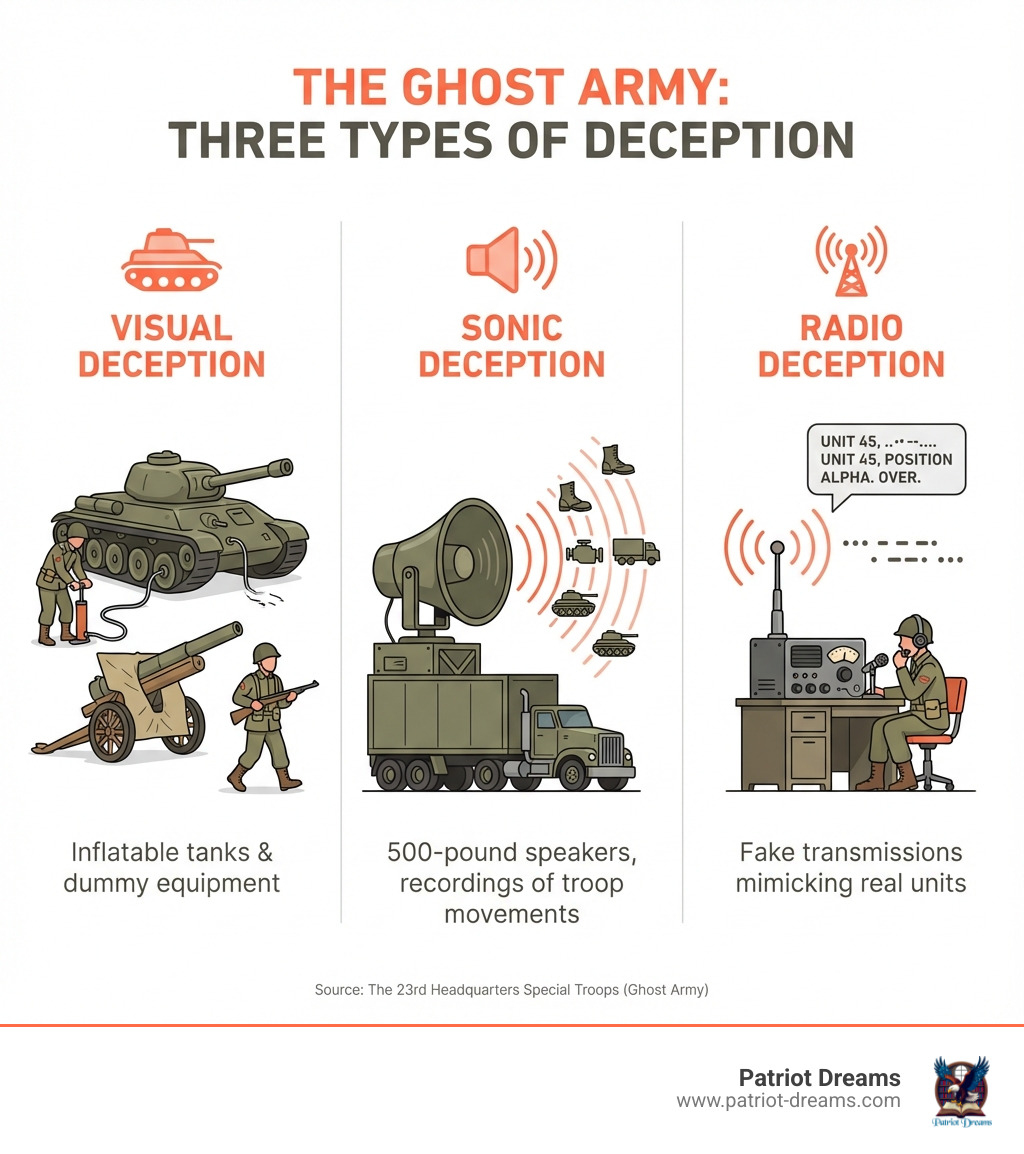 Infographic showing the Ghost Army's three types of deception: Visual Deception with inflatable tanks and dummy equipment, Sonic Deception with 500-pound speakers playing recordings of troop movements, and Radio Deception with fake transmissions mimicking real units - The Army That Didnt Exist: The Secret Story of the 23rd Headquarters Special Troops infographic 