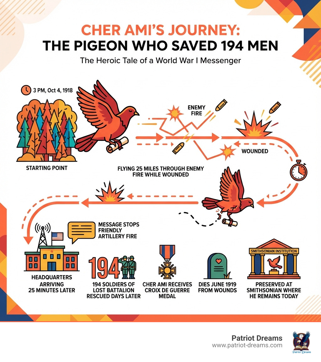 Infographic showing Cher Ami's journey: Starting point in Argonne Forest at 3 PM October 4 1918, flying 25 miles through enemy fire while wounded, arriving at headquarters 25 minutes later with message still attached to severed leg, message stops friendly artillery fire, 194 soldiers of Lost Battalion rescued days later, Cher Ami receives Croix de Guerre medal, dies June 1919 from wounds, preserved at Smithsonian where he remains today - The Pigeon Who Saved 194 Men: The Heroic Tale of Cher Ami infographic 