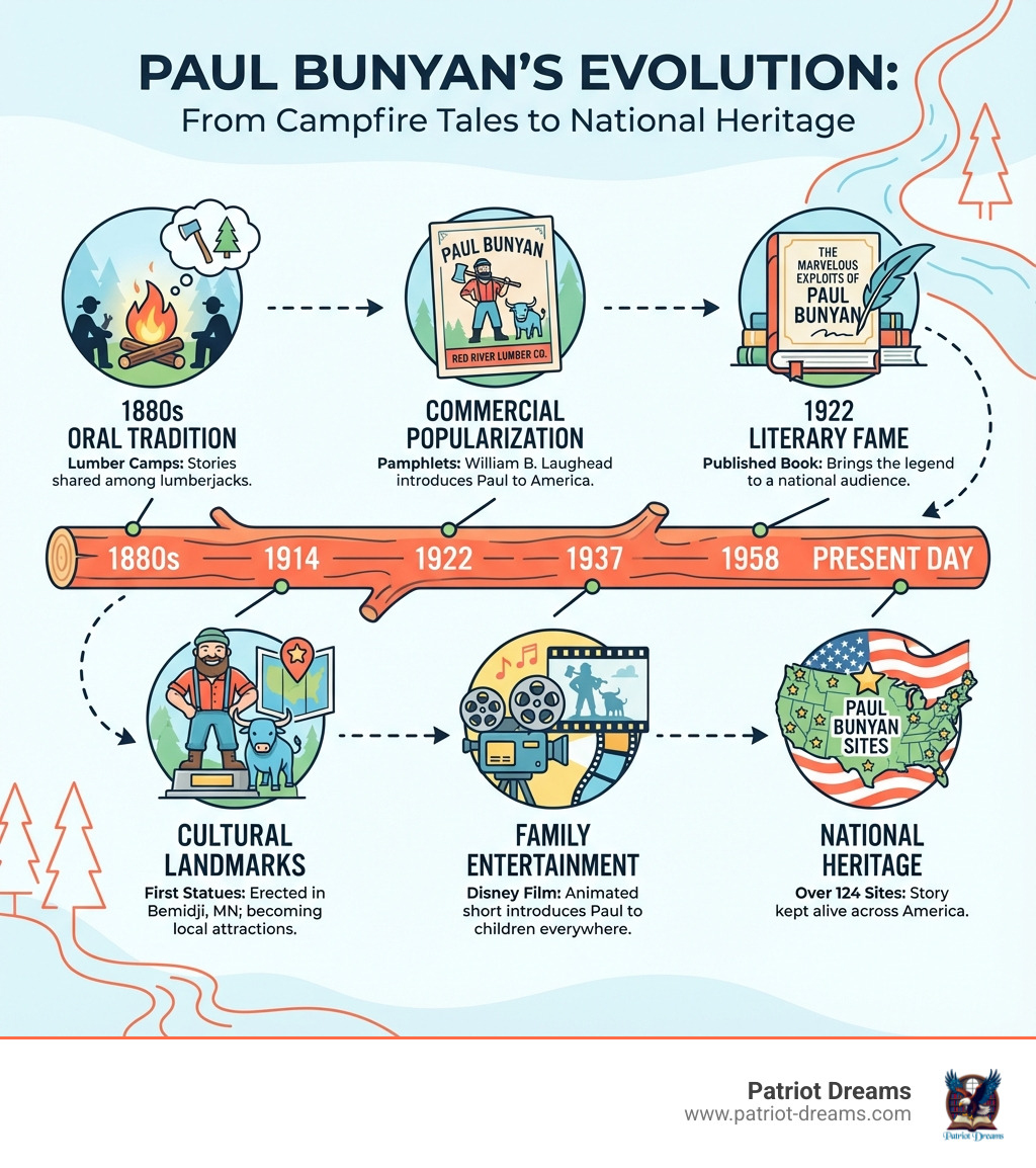 Infographic showing Paul Bunyan's evolution: Timeline from 1880s lumber camps (oral tradition) to 1914 Red River Lumber Company pamphlets (commercial popularization) to 1922 published book (literary fame) to 1937 statues (cultural landmarks) to 1958 Disney film (family entertainment) to present day (national heritage) - From Folk Hero to Film Icon: The Story of Paul Bunyan & His Place in American Myth-Making infographic 