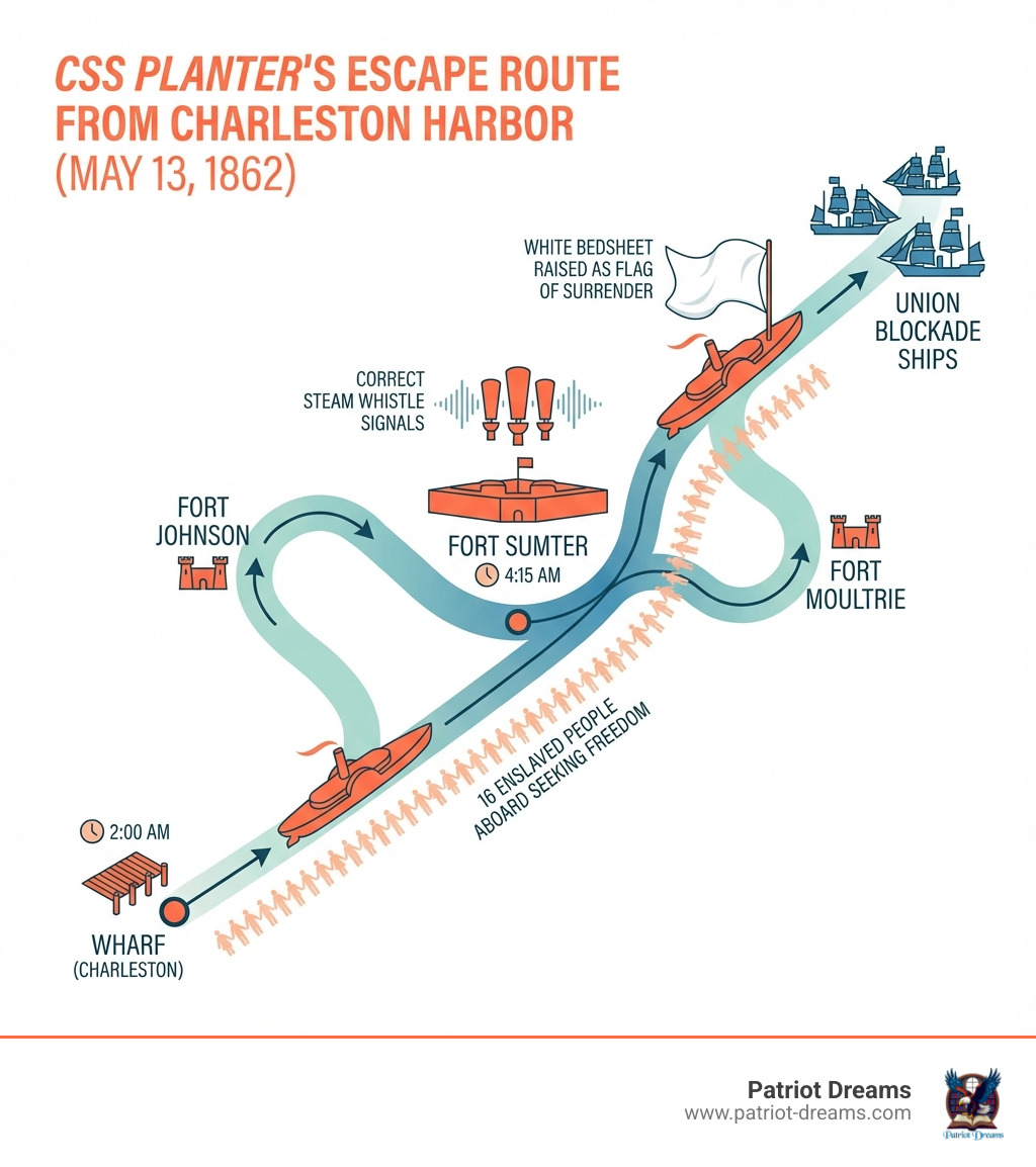 Infographic showing the CSS Planter's escape route from Charleston Harbor, marking key points: departure from the wharf at 2:00 AM, passing Fort Johnson, navigating past Fort Sumter at 4:15 AM using the correct steam whistle signals, passing Fort Moultrie, and finally reaching the Union blockade ships where a white bedsheet was raised as a flag of surrender. The route shows 16 enslaved people aboard seeking freedom. - Stealing Freedom: How Robert Smalls Commandeered a Confederate Warship infographic 