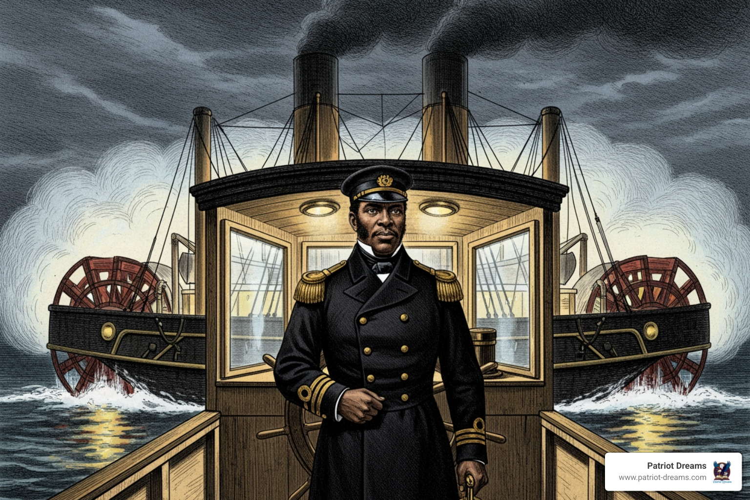 A depiction of the CSS Planter under steam, with Robert Smalls at the helm - Stealing Freedom: How Robert Smalls Commandeered a Confederate Warship