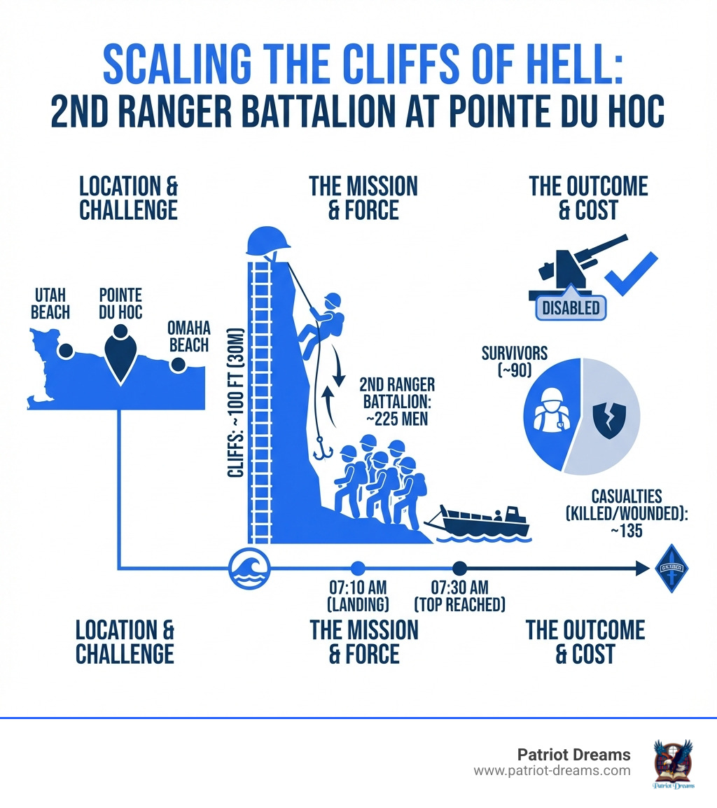 Infographic showing Pointe du Hoc location between Utah and Omaha Beaches with cliff height, number of Rangers, casualties, and mission timeline - Scaling the Cliffs of Hell: The D-Day Heroism of the 2nd Ranger Battalion infographic infographic-line-5-steps-blues-accent_colors