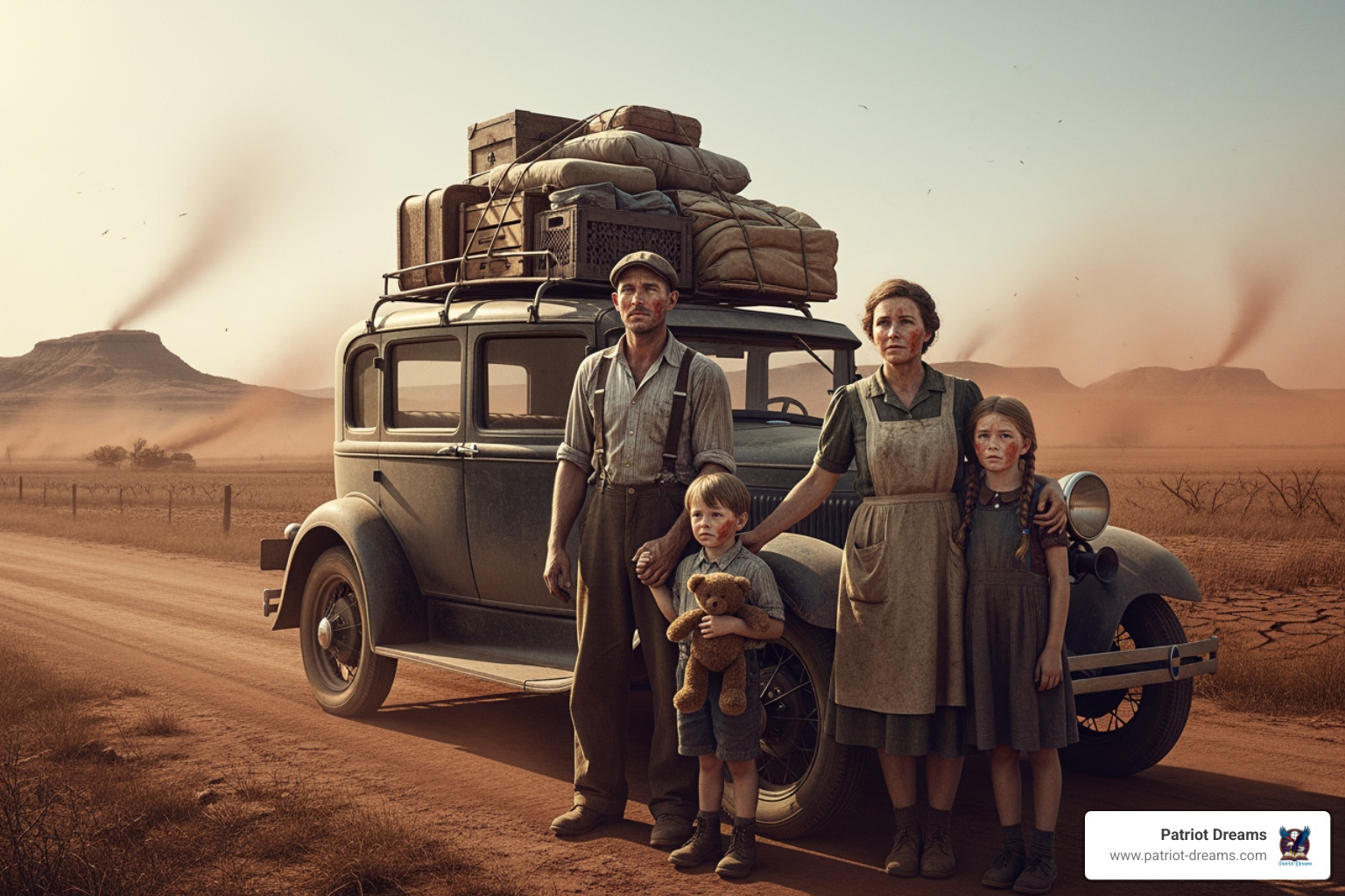 Hopeful family with packed car during 1930s Dust Bowl migration - Why Route 66 Is More Than a Road: The Nostalgia and Myth of America's Main Street