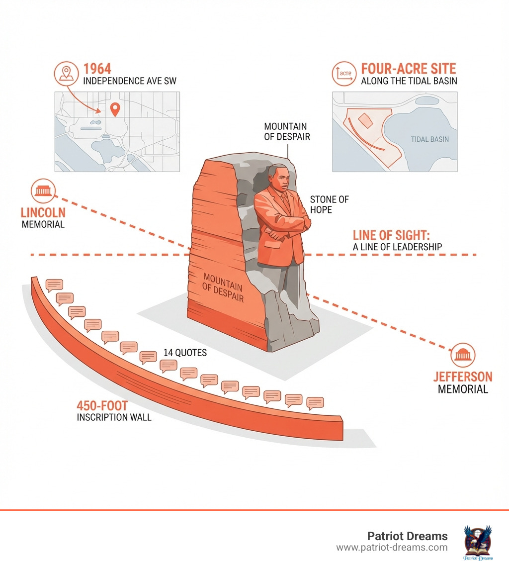 Infographic showing the Martin Luther King Jr Memorial layout including the Stone of Hope statue emerging from the Mountain of Despair, the 450-foot Inscription Wall with 14 quotes, location at 1964 Independence Ave SW, four-acre site along the Tidal Basin, and position in line of sight between Lincoln and Jefferson Memorials - Martin Luther King Jr Memorial infographic Infographic showing the Martin Luther King Jr Memorial layout including the Stone of Hope statue emerging from the Mountain of Despair, the 450-foot Inscription Wall with 14 quotes, location at 1964 Independence Ave SW, four-acre site along the Tidal Basin, and position in line of sight between Lincoln and Jefferson Memorials - Martin Luther King Jr Memorial infographic