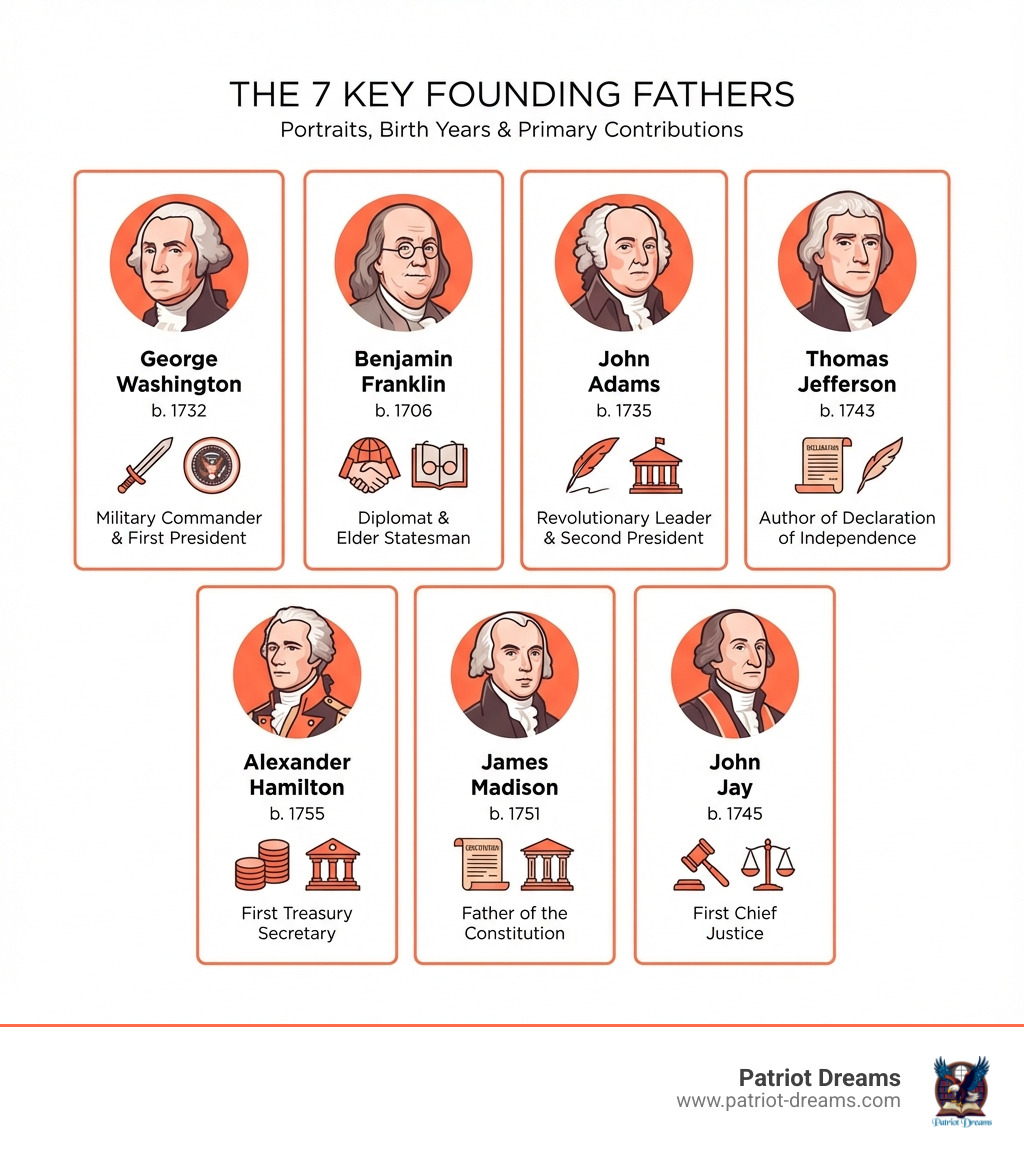 Infographic showing the 7 key Founding Fathers with their portraits, birth years, and primary contributions: George Washington (1732, Military Commander & First President), Benjamin Franklin (1706, Diplomat & Elder Statesman), John Adams (1735, Revolutionary Leader & Second President), Thomas Jefferson (1743, Author of Declaration of Independence), Alexander Hamilton (1755, First Treasury Secretary), James Madison (1751, Father of the Constitution), and John Jay (1745, First Chief Justice) - Founding Fathers infographic 