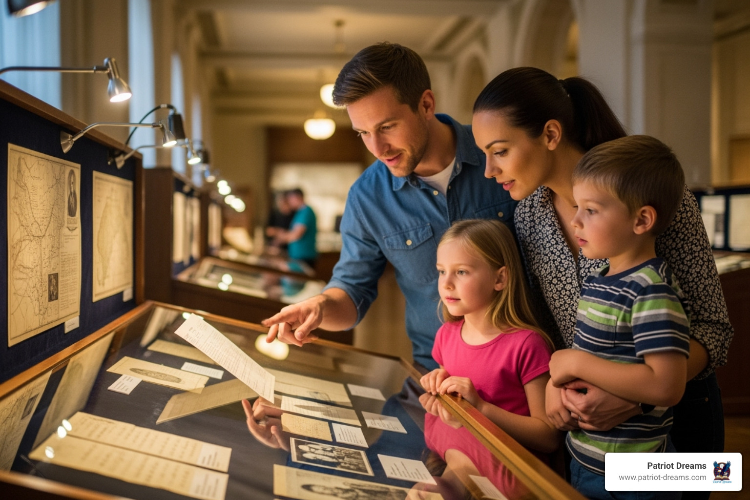 Image of a family looking at historical documents in a museum - The US Constitution & Bill of Rights Explained Simply