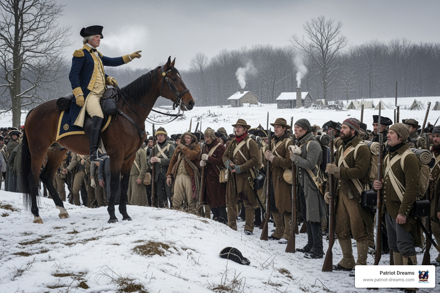 George Washington encouraging troops at Valley Forge - American Revolution stories