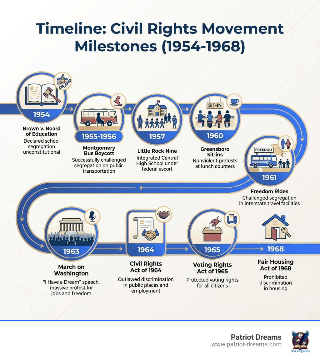 Timeline of Civil Rights movement milestones from 1954-1968, including Brown v. Board of Education (1954), Montgomery Bus Boycott (1955-1956), Little Rock Nine (1957), Greensboro Sit-ins (1960), Freedom Rides (1961), March on Washington (1963), Civil Rights Act (1964), and Voting Rights Act (1965) - Civil Rights movement infographic 