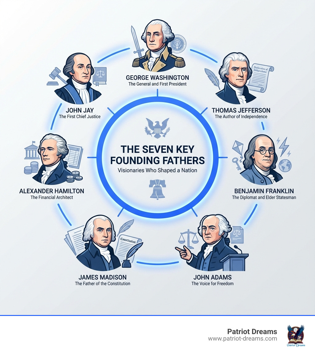 Infographic showing seven key Founding Fathers arranged in a circle: George Washington labeled as The General and First President, Thomas Jefferson as The Author of Independence, Benjamin Franklin as The Diplomat and Elder Statesman, John Adams as The Voice for Freedom, James Madison as The Father of the Constitution, Alexander Hamilton as The Financial Architect, and John Jay as The First Chief Justice - who are founding fathers of usa infographic Infographic showing seven key Founding Fathers arranged in a circle: George Washington labeled as The General and First President, Thomas Jefferson as The Author of Independence, Benjamin Franklin as The Diplomat and Elder Statesman, John Adams as The Voice for Freedom, James Madison as The Father of the Constitution, Alexander Hamilton as The Financial Architect, and John Jay as The First Chief Justice - who are founding fathers of usa infographic