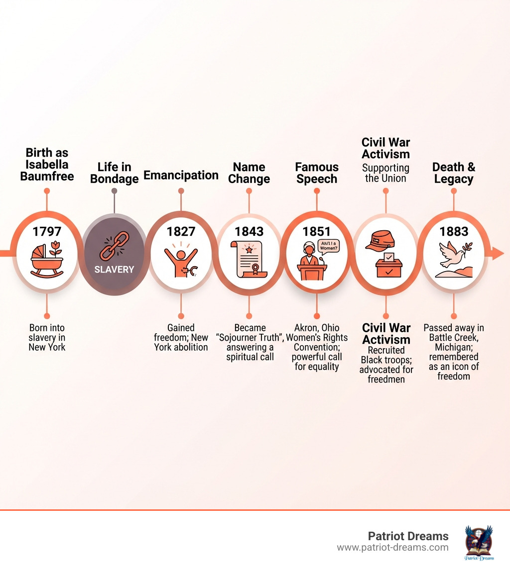 Timeline showing Sojourner Truth's journey from birth as Isabella Baumfree in 1797 through slavery, emancipation in 1827, name change in 1843, famous 1851 speech, Civil War activism, and death in 1883 - Sojourner Truth speech infographic 