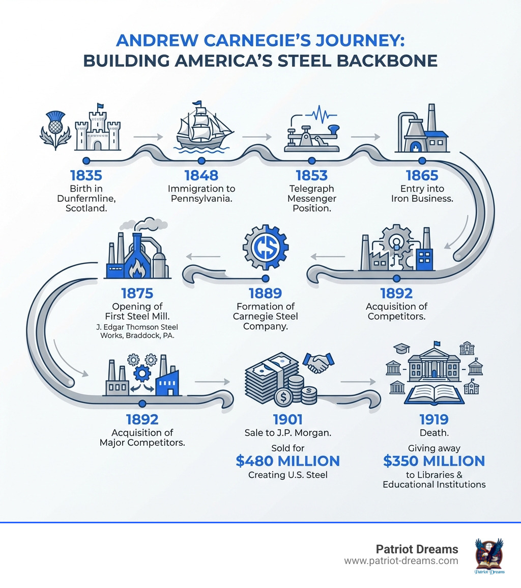 Timeline infographic showing Andrew Carnegie's journey: 1835 birth in Dunfermline Scotland, 1848 immigration to Pennsylvania, 1853 telegraph messenger position, 1865 entry into iron business, 1875 opening of first steel mill, 1889 formation of Carnegie Steel Company, 1892 acquisition of major competitors, 1901 sale to J.P. Morgan for 480 million dollars creating U.S. Steel, and 1919 death after giving away 350 million dollars to libraries and educational institutions - Andrew Carnegie steel infographic 