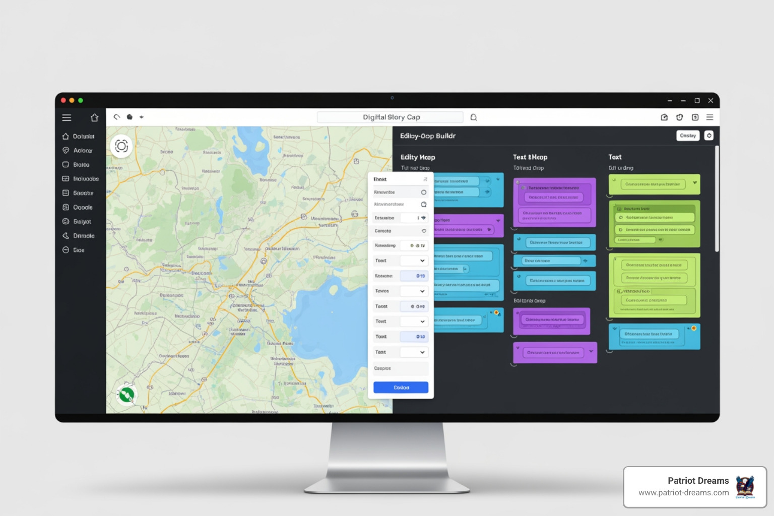 A user-friendly story map builder interface showing a map and text blocks - digital story map