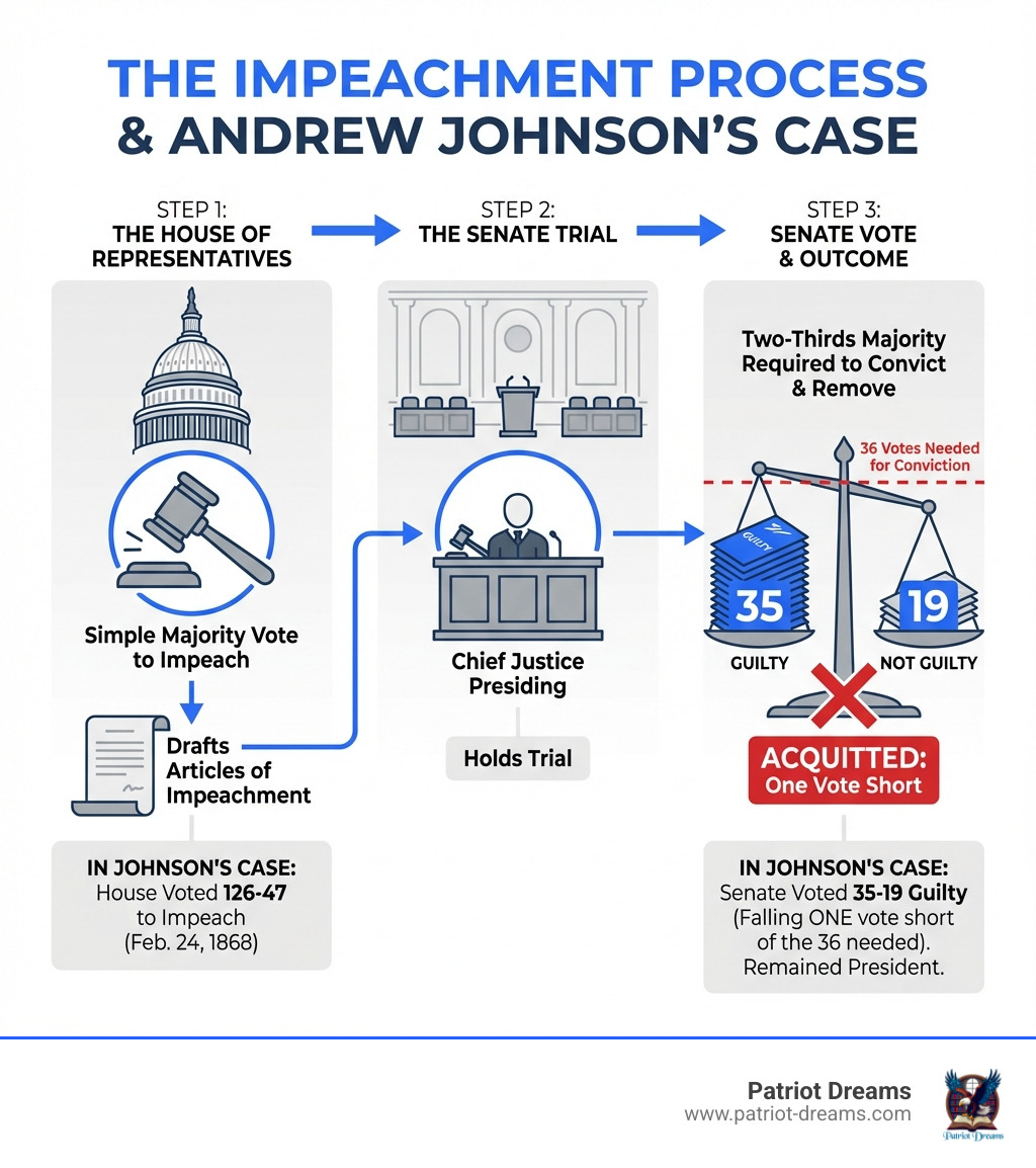 Infographic showing the impeachment process: The House of Representatives votes to impeach by simple majority and drafts articles of impeachment. Then the Senate holds a trial with the Chief Justice presiding. Finally, the Senate votes, requiring a two-thirds majority to convict and remove the president from office. In Johnson's case: House voted 126-47 to impeach; Senate voted 35-19 guilty, falling one vote short of the 36 needed for conviction. - Andrew Johnson impeachment infographic 