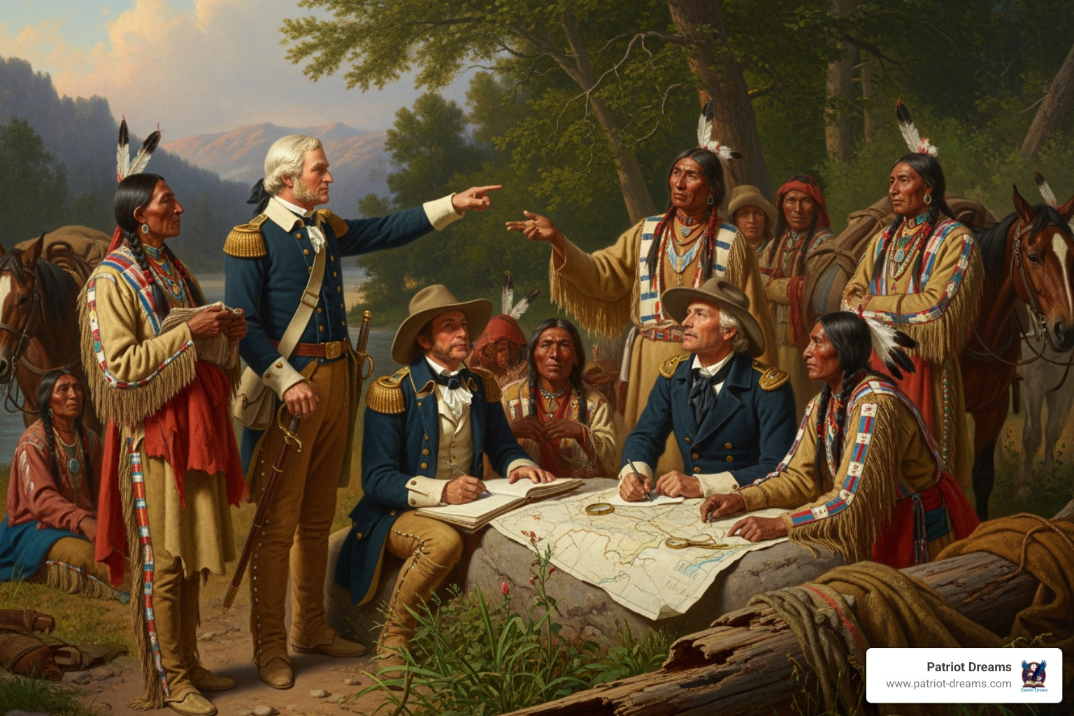 Classic painting depicting Lewis and Clark's expedition in a peaceful, collaborative moment - Explorers & Trailblazers Classic painting depicting Lewis and Clark's expedition in a peaceful, collaborative moment - Explorers & Trailblazers