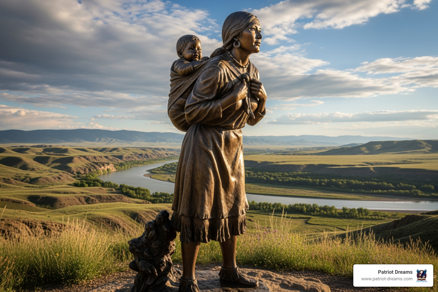 Statue of Sacagawea, holding her baby, looking toward the horizon - Explorers & Trailblazers Statue of Sacagawea, holding her baby, looking toward the horizon - Explorers & Trailblazers