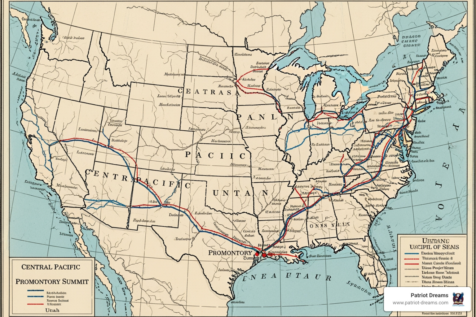 map showing the routes of the Central Pacific and Union Pacific railroads meeting in Utah - The First Transcontinental Railroad: Railroads, Ambition, and the Making of a Nation