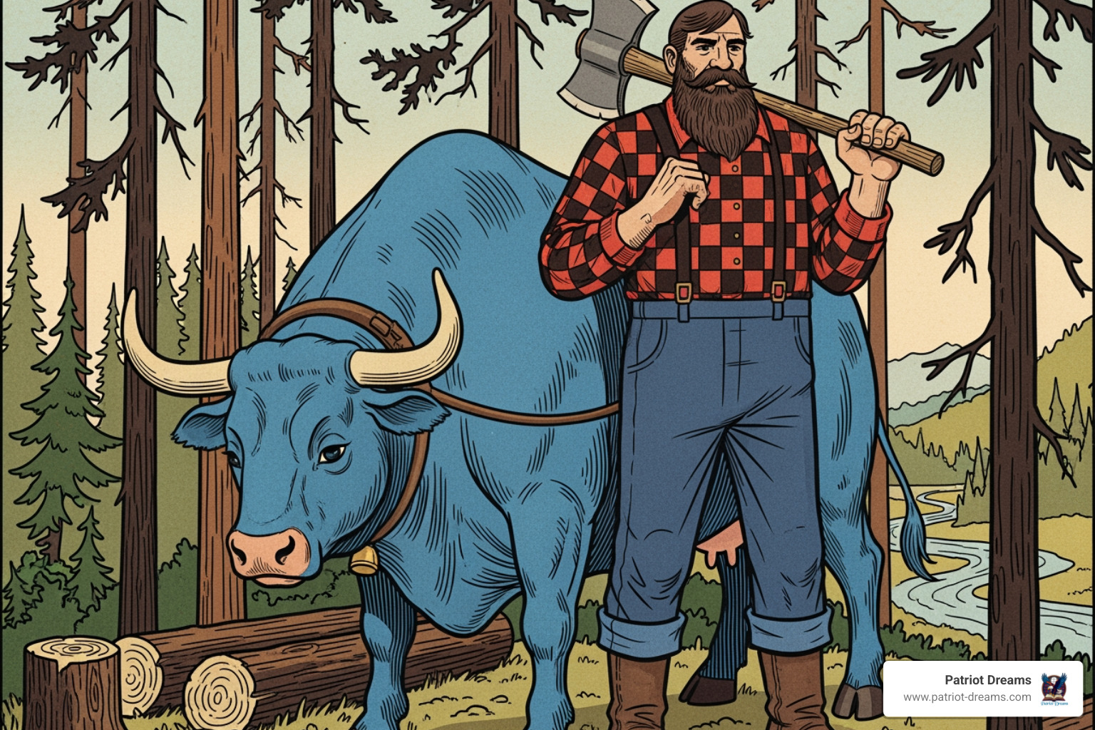 Paul Bunyan and Babe the Blue Ox from a vintage Red River Lumber Company pamphlet - The Tall Tale Tradition: From Loggers and Lumberjacks to Today’s Storytellers