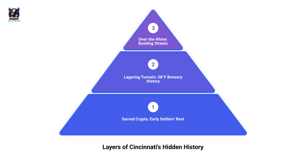Infographic showing the layers of Cincinnati's underground history with the Over-the-Rhine streets at the top level, historic brewery lagering tunnels in the middle layer with 58-degree temperature indication and brick archways, and sacred crypts at the bottom layer containing 41 graves of early settlers including Revolutionary War soldier Joel Green from 1757 - cincinnati underground tour infographic 3_stage_pyramid Infographic showing the layers of Cincinnati's underground history with the Over-the-Rhine streets at the top level, historic brewery lagering tunnels in the middle layer with 58-degree temperature indication and brick archways, and sacred crypts at the bottom layer containing 41 graves of early settlers including Revolutionary War soldier Joel Green from 1757 - cincinnati underground tour infographic 3_stage_pyramid