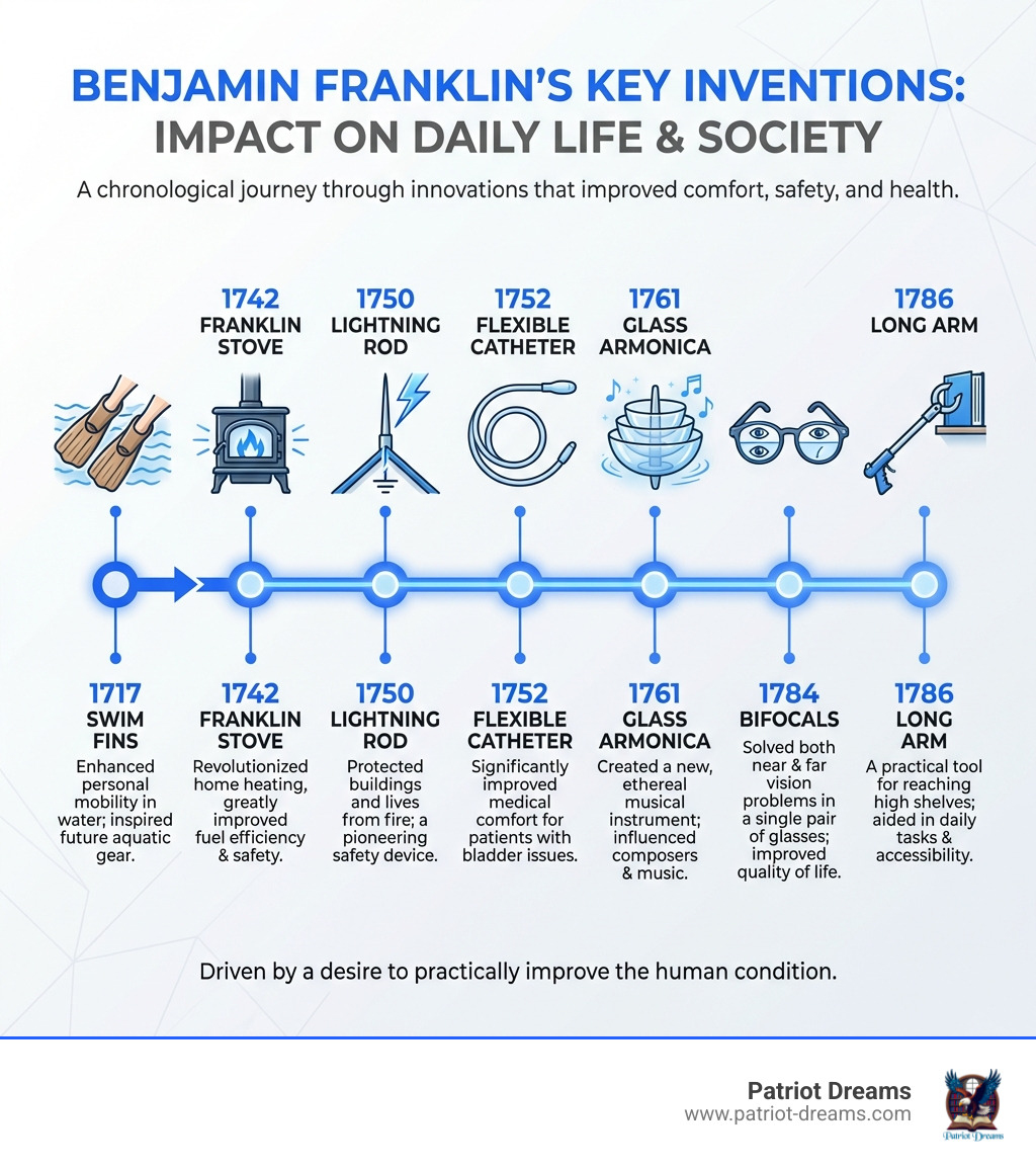 Infographic showing a timeline of Benjamin Franklin's key inventions, including the Swim Fins (1717), Franklin Stove (1742), Lightning Rod (1750), Flexible Catheter (1752), Glass Armonica (1761), Bifocals (1784), and Long Arm (1786), emphasizing their impact on daily life and society. - Benjamin Franklin inventions infographic Infographic showing a timeline of Benjamin Franklin's key inventions, including the Swim Fins (1717), Franklin Stove (1742), Lightning Rod (1750), Flexible Catheter (1752), Glass Armonica (1761), Bifocals (1784), and Long Arm (1786), emphasizing their impact on daily life and society. - Benjamin Franklin inventions infographic