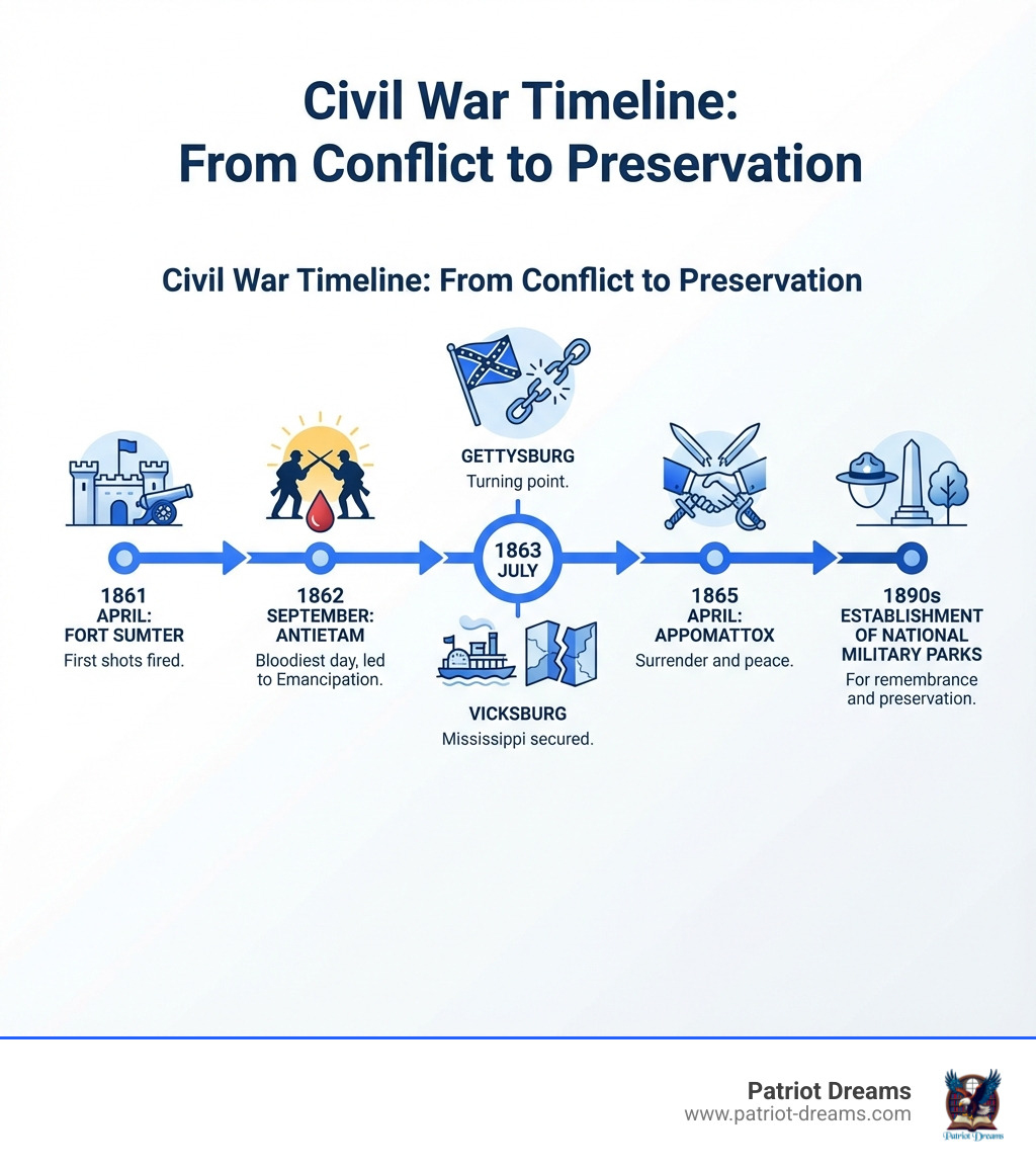 Infographic showing a timeline of the Civil War from 1861-1865, marking Fort Sumter (April 1861 - First shots fired), Antietam (September 1862 - Bloodiest day, led to Emancipation), Gettysburg (July 1863 - Turning point), Vicksburg (July 1863 - Mississippi secured), and Appomattox (April 1865 - Surrender and peace), ending with the establishment of the first National Military Parks in the 1890s for remembrance and preservation - Civil War battlefields infographic Infographic showing a timeline of the Civil War from 1861-1865, marking Fort Sumter (April 1861 - First shots fired), Antietam (September 1862 - Bloodiest day, led to Emancipation), Gettysburg (July 1863 - Turning point), Vicksburg (July 1863 - Mississippi secured), and Appomattox (April 1865 - Surrender and peace), ending with the establishment of the first National Military Parks in the 1890s for remembrance and preservation - Civil War battlefields infographic