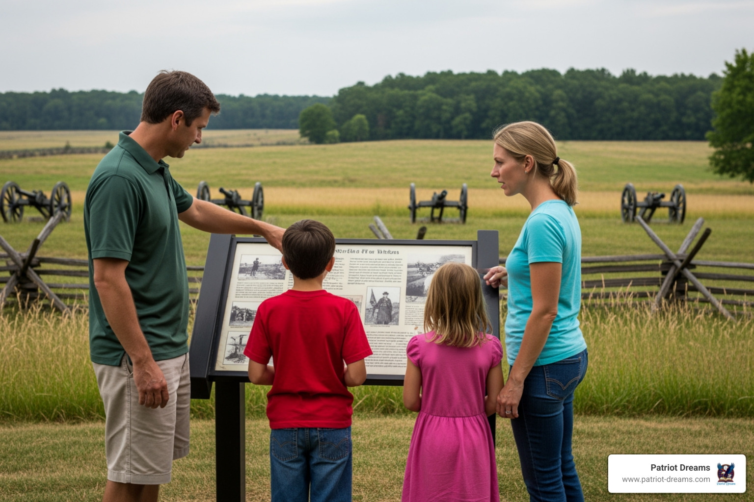 Family looking at an interpretive sign together at a battlefield park - Civil War battlefields Family looking at an interpretive sign together at a battlefield park - Civil War battlefields