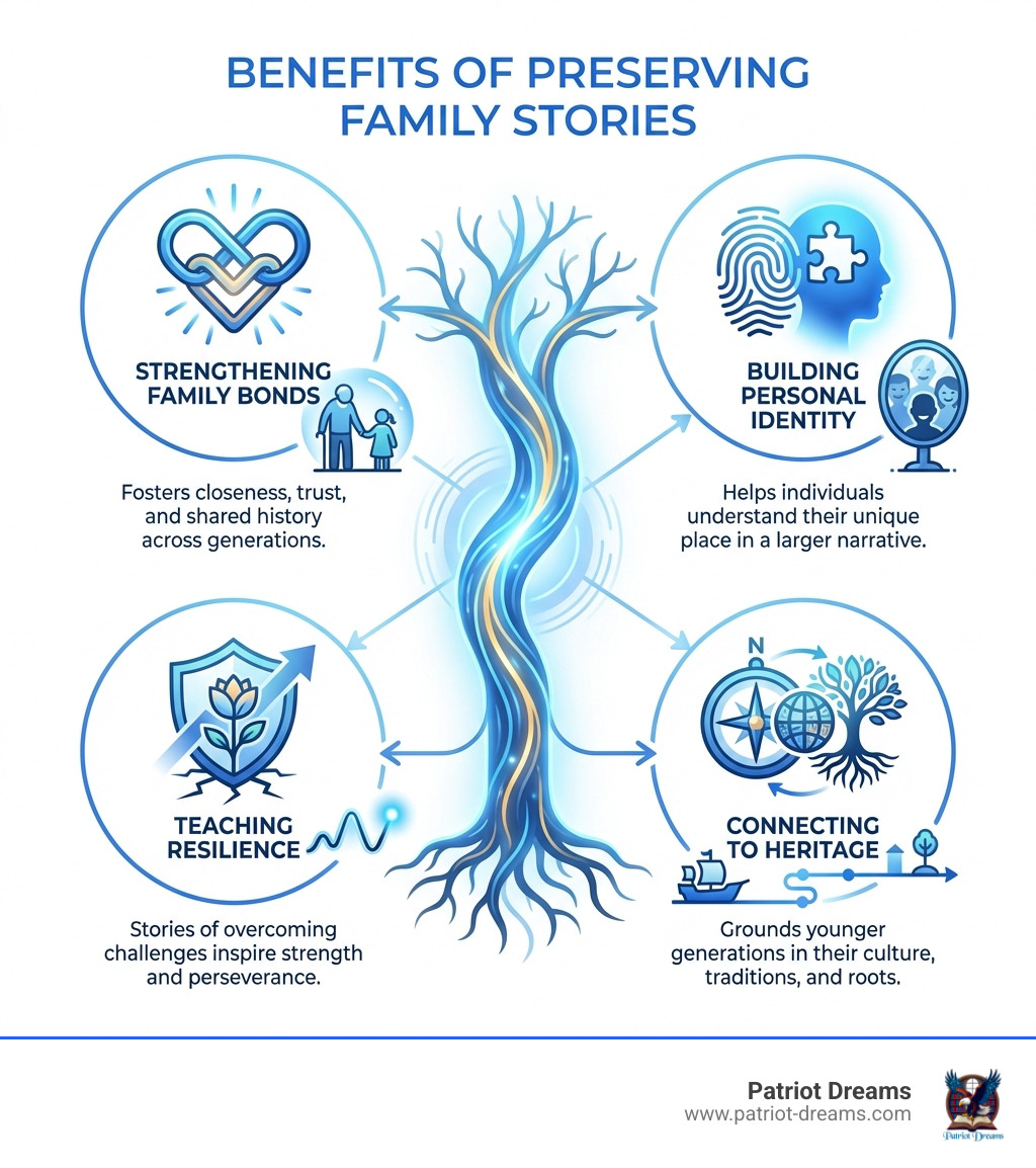 infographic showing benefits of preserving family stories including strengthening family bonds building personal identity teaching resilience and connecting to heritage - preserving family stories infographic 