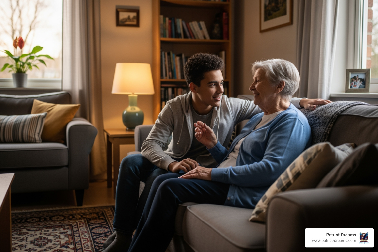 young person listening intently to an older relative in a cozy living room setting - preserving family stories