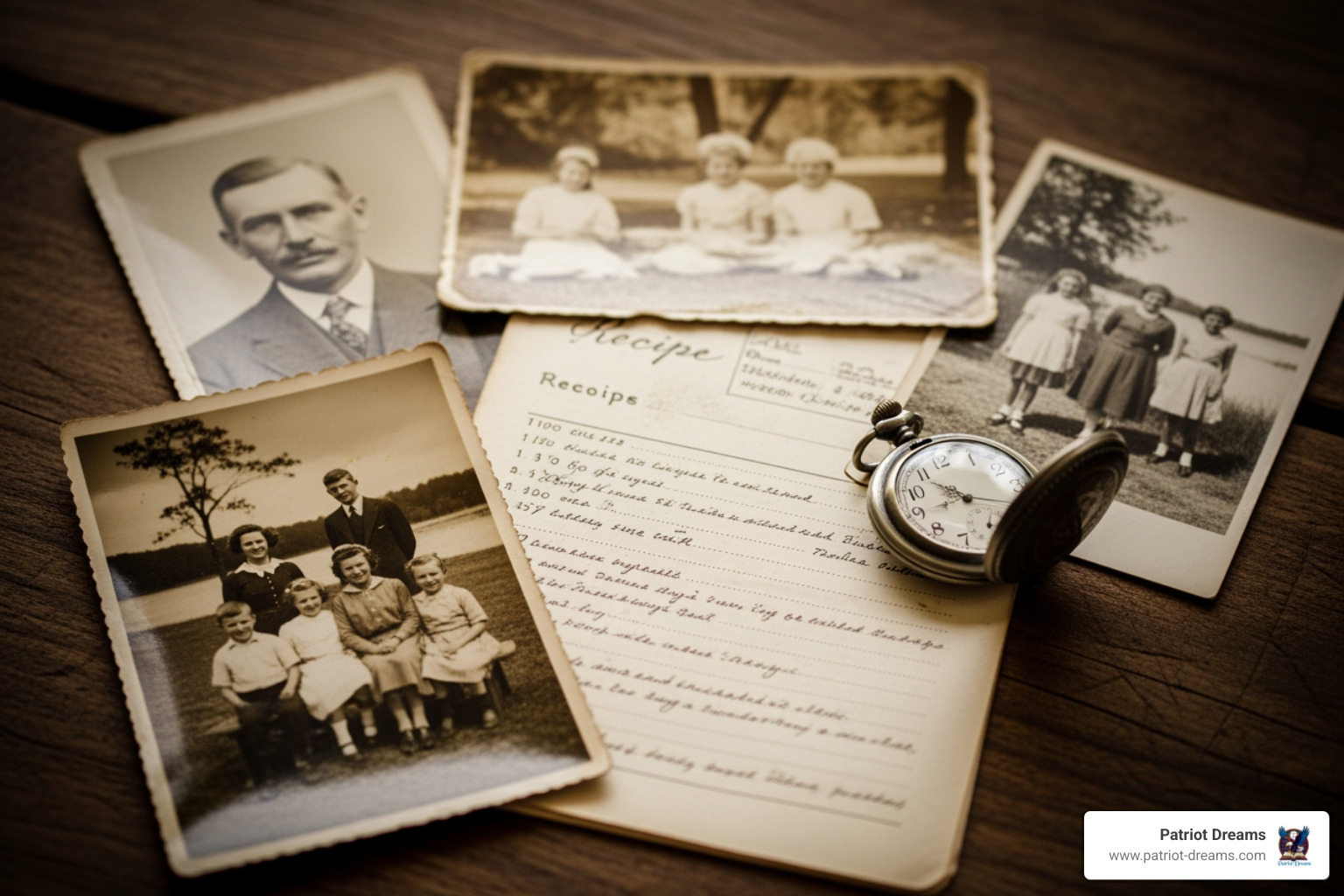 collection of old family photos, a handwritten recipe card, and a small, cherished heirloom like a pocket watch - preserving family stories