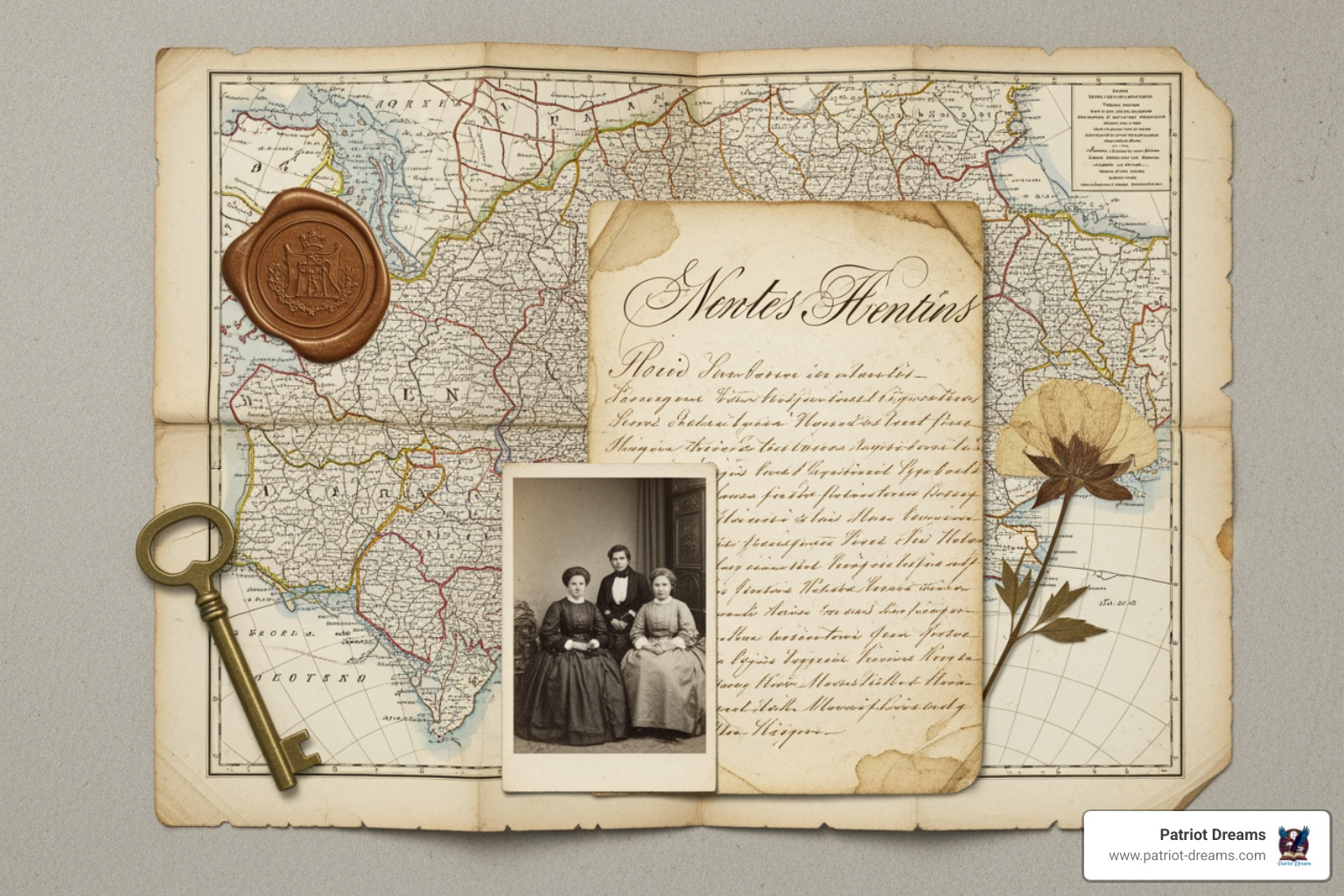 collage featuring archival materials like an old map, a handwritten letter, and a black-and-white photograph - American heritage archives