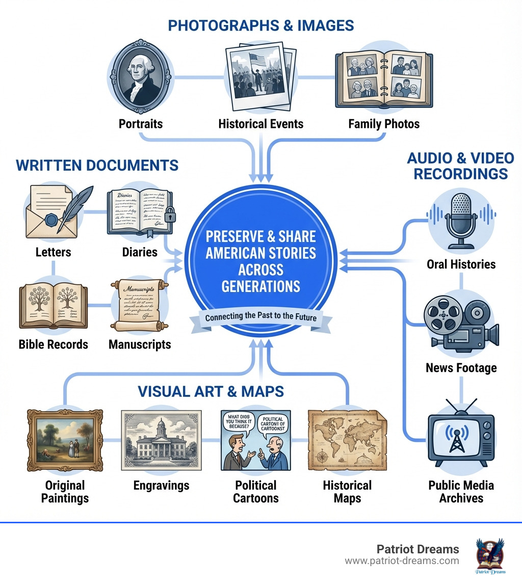 Infographic showing the types of materials in American heritage archives: at the top, photographs and images (including portraits, historical events, and family photos); in the middle, written documents (letters, diaries, Bible records, and manuscripts); at the bottom, visual art and maps (original paintings, engravings, political cartoons, and historical maps); on the side, audio and video recordings (oral histories, news footage, and public media archives). All materials connect to preserve and share American stories across generations. - American heritage archives infographic 