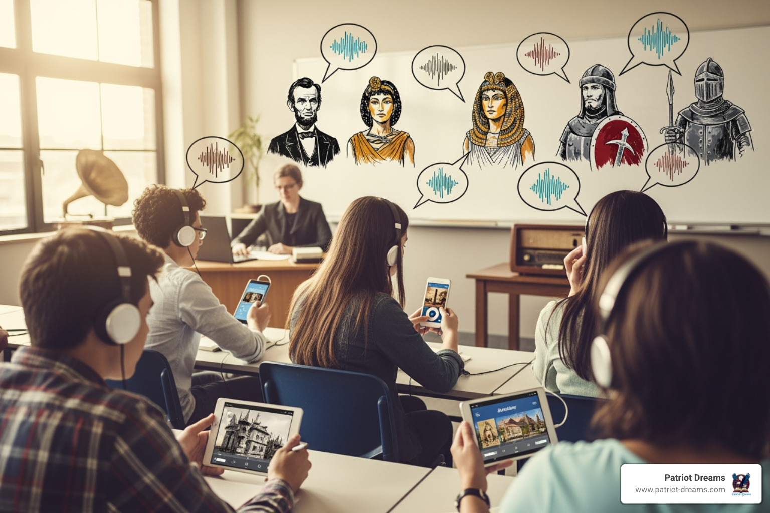 collage of podcast app, audiobook cover, and historical photo - audio history lessons