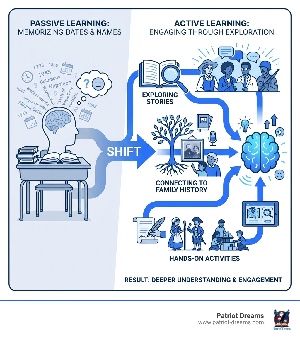 infographic showing the shift from passive learning like memorizing dates and names to active learning through exploring stories, connecting to family history, and hands-on activities - Engaging history lessons infographic 