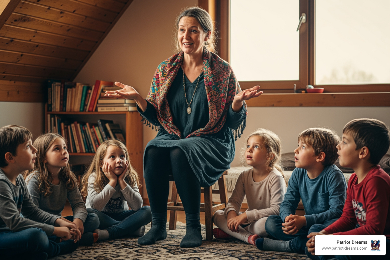 storyteller captivating a small group of children - Engaging history lessons