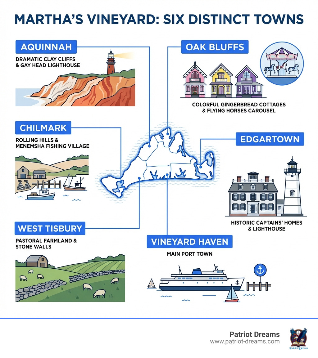 Infographic showing Martha's Vineyard's six towns with their distinctive characteristics: Oak Bluffs with colorful gingerbread cottages and Flying Horses Carousel, Edgartown with historic whaling captains' homes and lighthouse, Vineyard Haven as the main port town, West Tisbury with pastoral farmland and stone walls, Chilmark with rolling hills and Menemsha fishing village, and Aquinnah with dramatic clay cliffs and Gay Head Lighthouse - martha's vineyard tours infographic 
