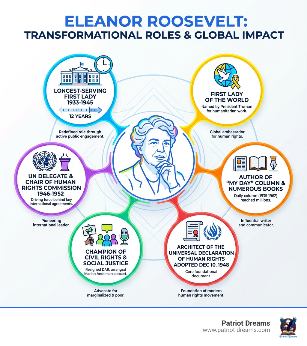 Infographic showing Eleanor Roosevelt's transformative roles: Longest-Serving First Lady 1933-1945, First Lady of the World as named by President Truman, UN Delegate and Chair of Human Rights Commission 1946-1952, Author of daily My Day column and numerous books, Champion of Civil Rights and Social Justice, and Architect of the Universal Declaration of Human Rights adopted December 10 1948 - Eleanor Roosevelt achievements infographic 