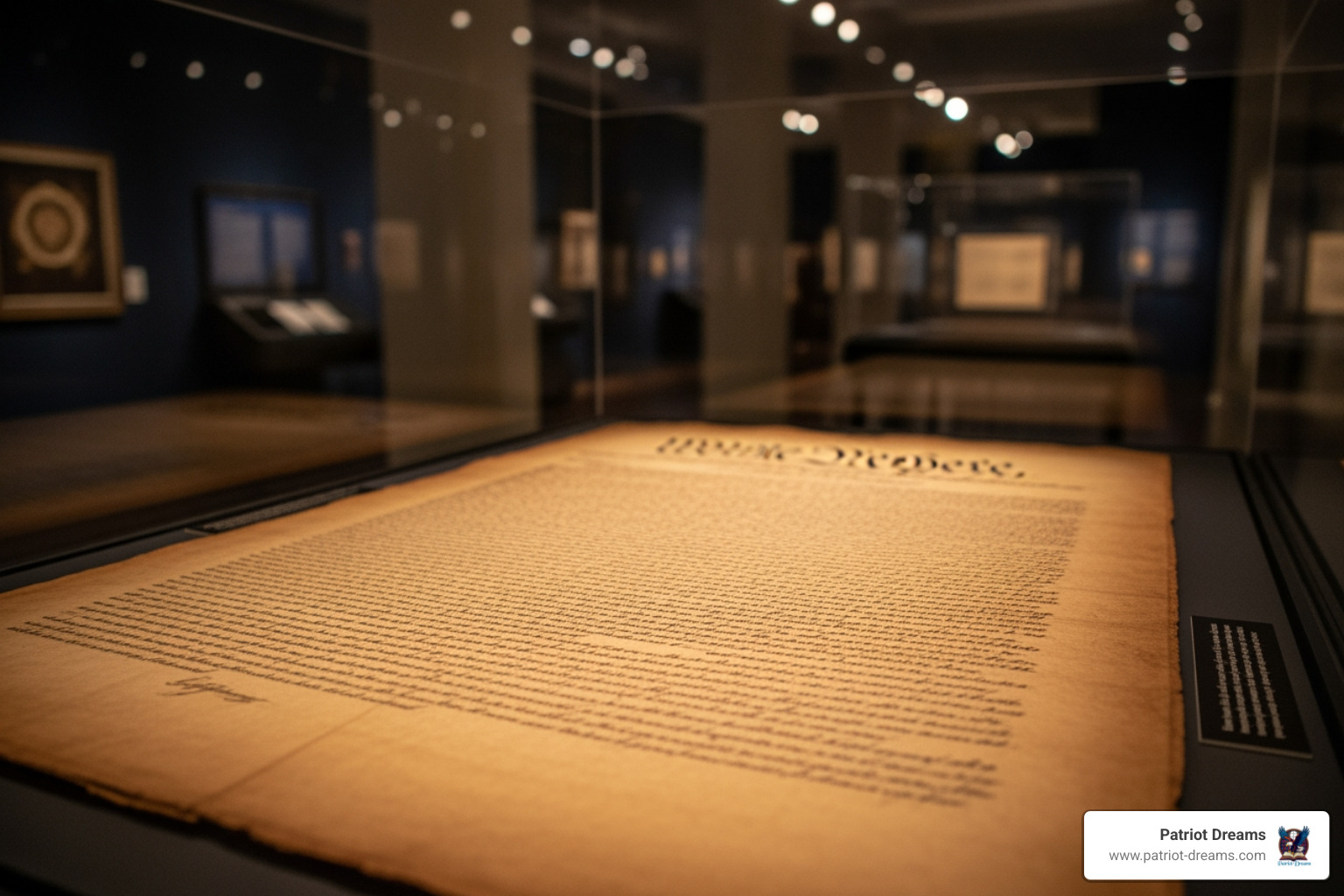 The original Declaration of Independence under soft museum lighting - 250 Anniversary The original Declaration of Independence under soft museum lighting - 250 Anniversary