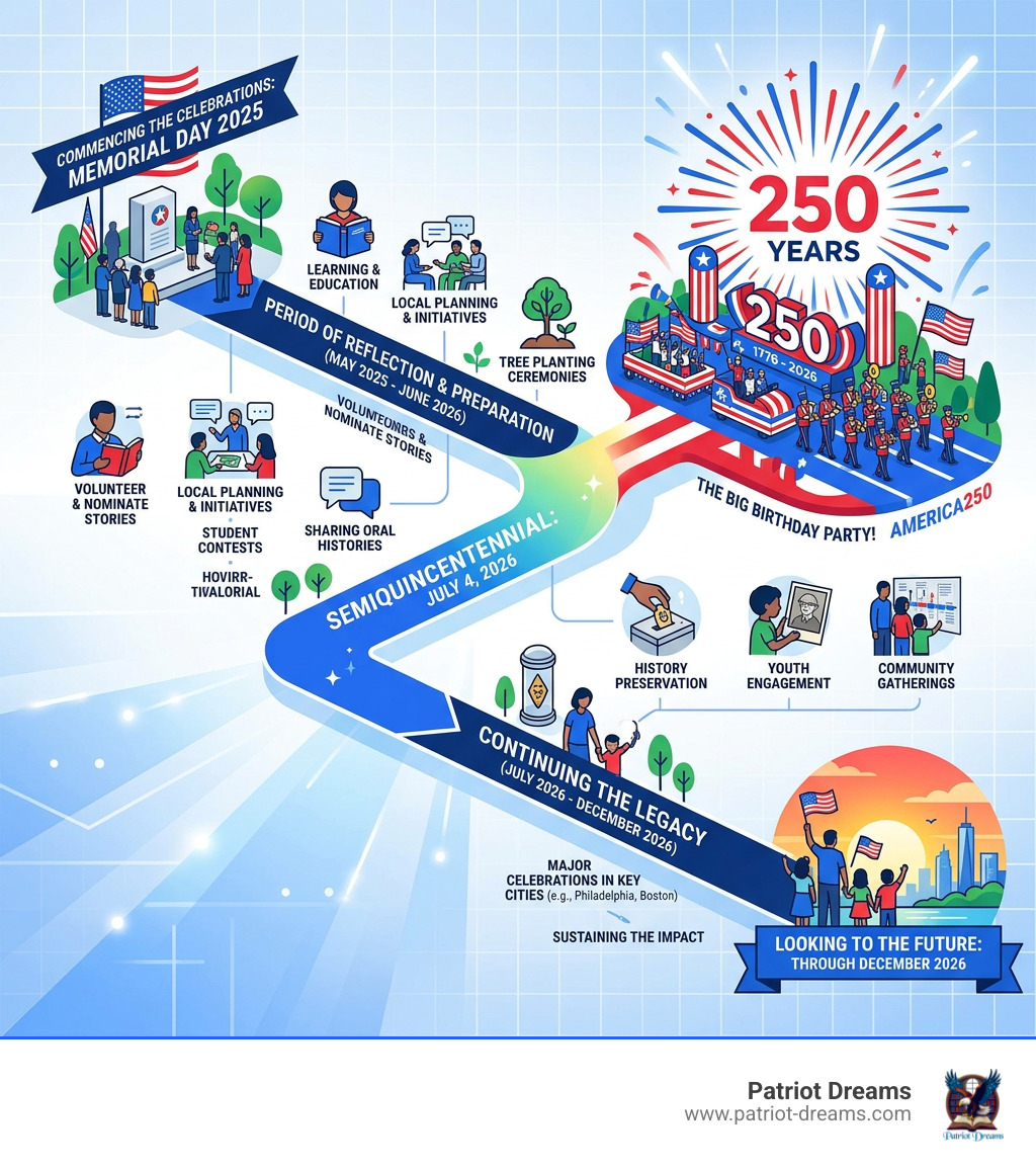 Timeline infographic of 250 Anniversary celebrations from Memorial Day 2025 through December 2026 - 250 Anniversary Timeline infographic of 250 Anniversary celebrations from Memorial Day 2025 through December 2026 - 250 Anniversary