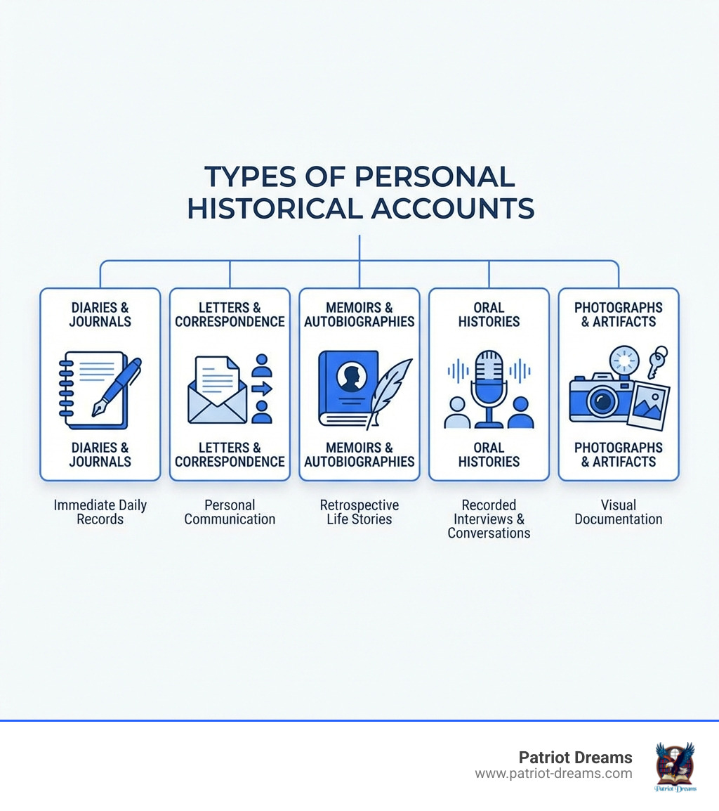 infographic showing types of personal historical accounts including diaries and journals for immediate daily records, letters and correspondence for personal communication, memoirs and autobiographies for retrospective life stories, oral histories for recorded interviews and conversations, and photographs and artifacts for visual documentation - Personal historical accounts infographic 