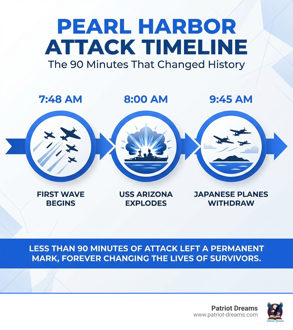 Timeline of the Pearl Harbor attack: 7:48 AM first wave begins, 8:00 AM USS Arizona explodes, 9:45 AM Japanese planes