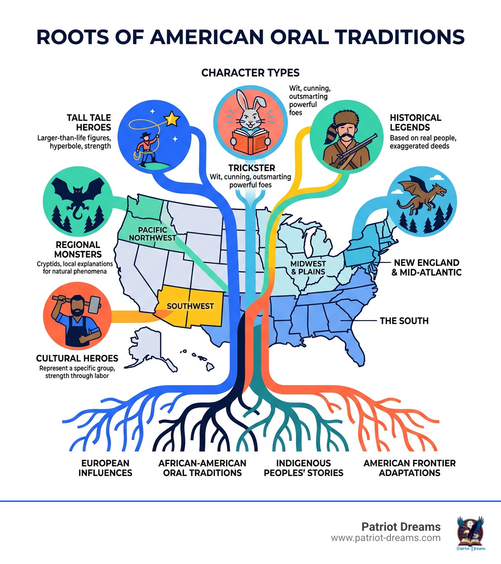Roots of American oral traditions infographic showing character types, regions, and cultural origins - american folklore