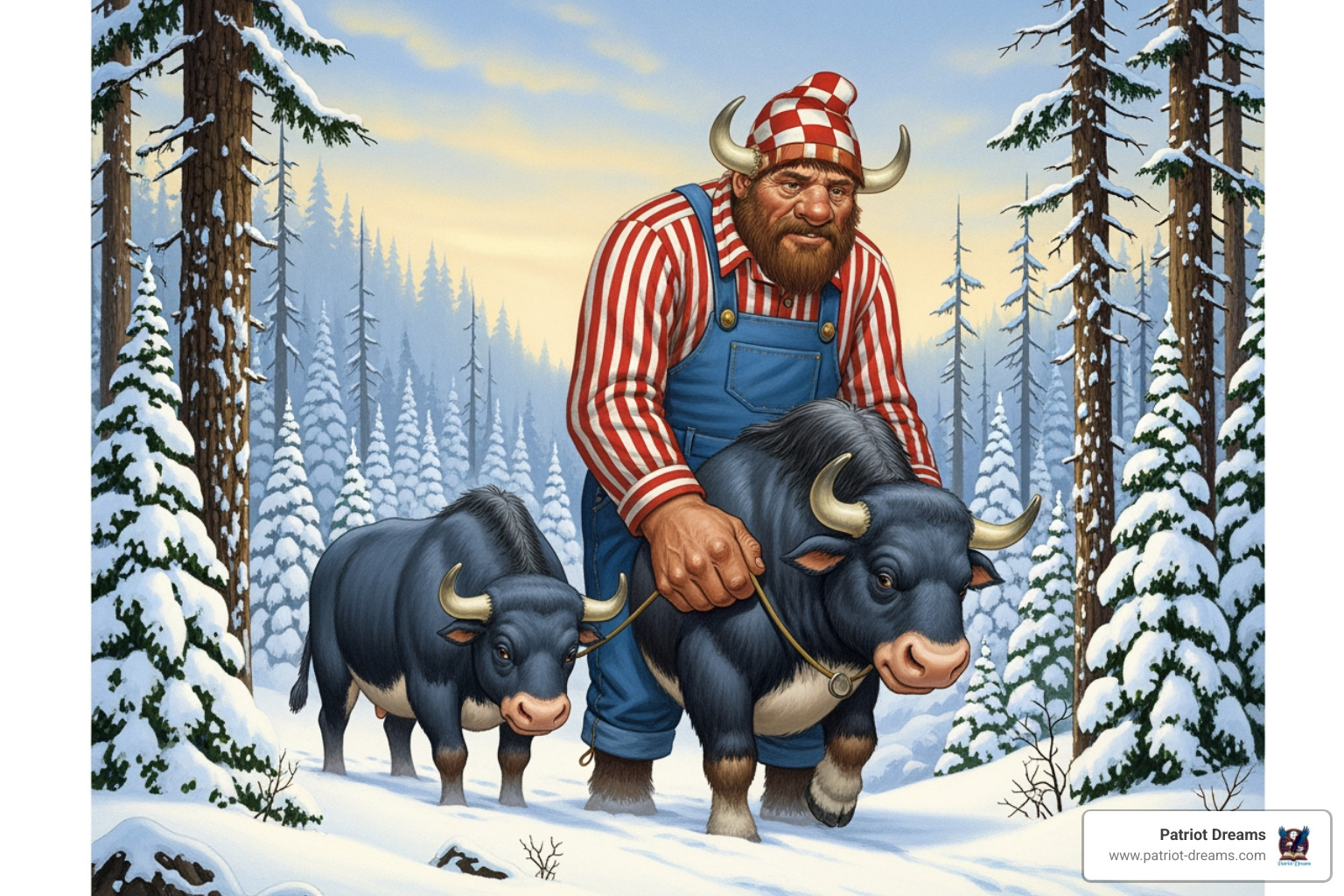 Paul Bunyan and Babe the Blue Ox in a snowy forest - american folklore characters
