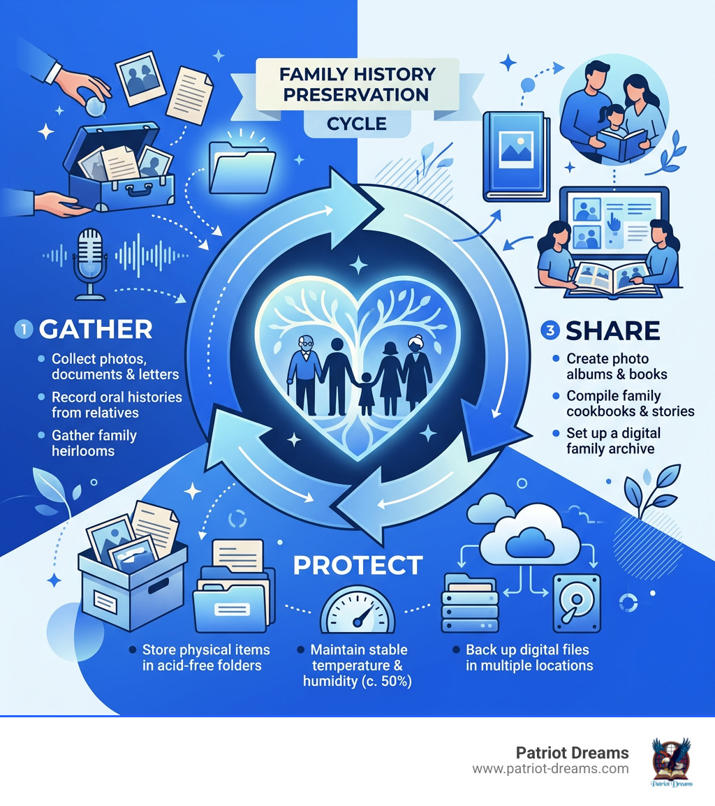 Gather Protect Share cycle of family history preservation infographic - Preserve family history infographic Gather Protect Share cycle of family history preservation infographic - Preserve family history infographic