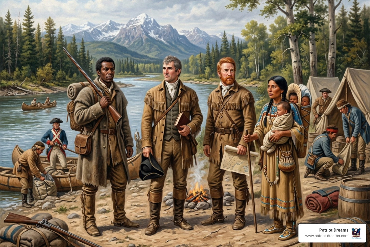 Diverse members of the Corps of Discovery including Lewis, Clark, York, and Sacagawea - Lewis and Clark expedition
