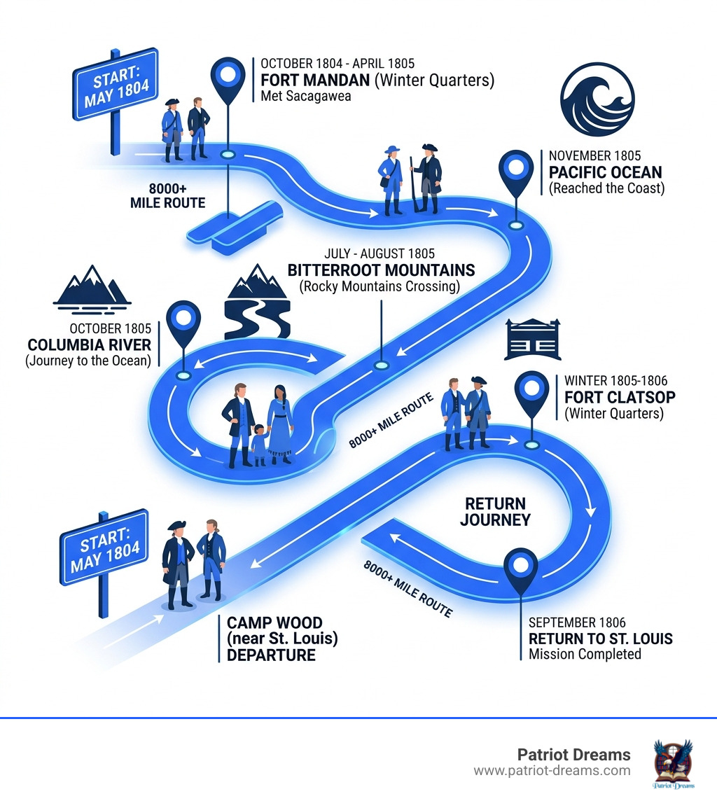 Timeline infographic of the Lewis and Clark expedition 8000-mile route with key dates and milestones - Lewis and Clark