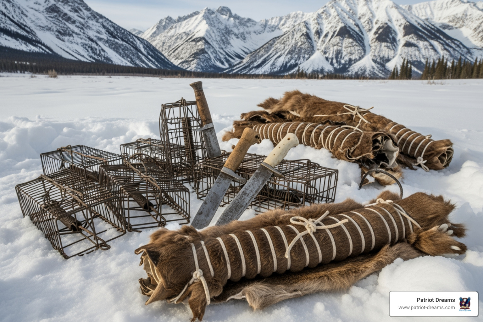 vintage trapping gear and beaver pelts in the snowy Rocky Mountains - mountain men frontier tales vintage trapping gear and beaver pelts in the snowy Rocky Mountains - mountain men frontier tales