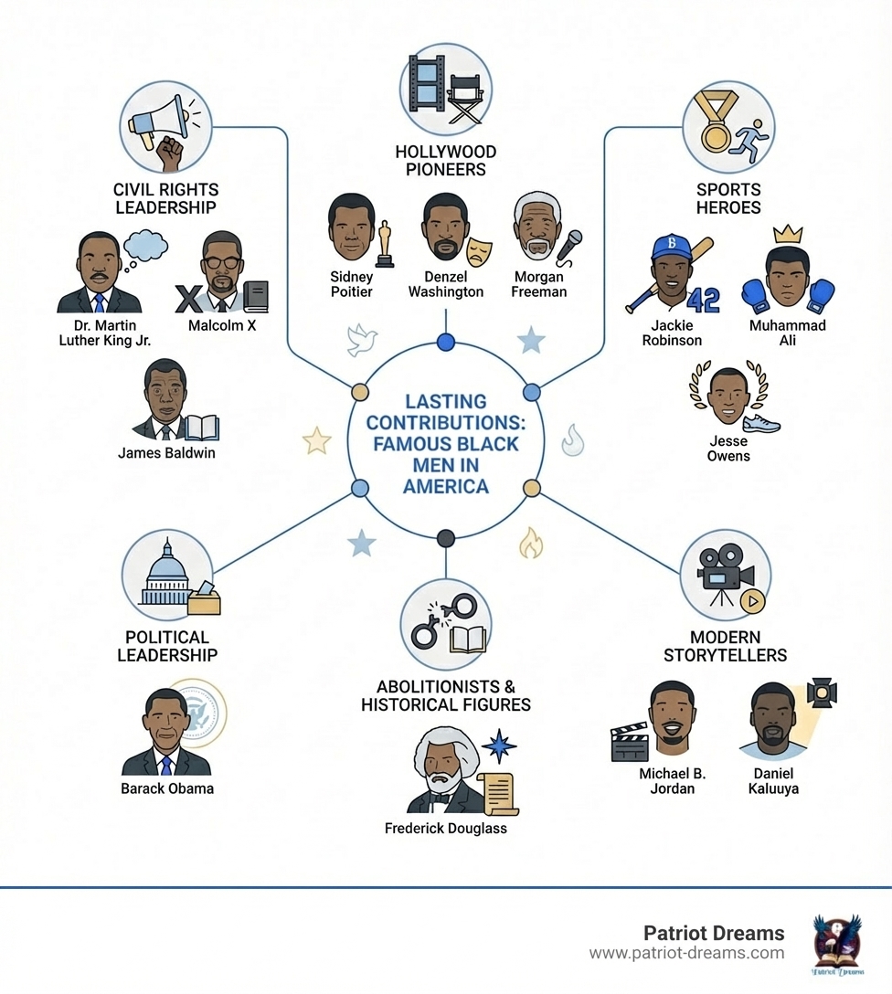 Infographic showing the diverse fields where famous Black men have made lasting contributions to America: Civil Rights Leadership including Dr. Martin Luther King Jr. and Malcolm X; Hollywood Pioneers like Sidney Poitier, Denzel Washington, and Morgan Freeman; Sports Heroes such as Jackie Robinson, Muhammad Ali, and Jesse Owens; Political Leadership with Barack Obama; Abolitionists and Historical Figures including Frederick Douglass; and Modern Storytellers like Michael B. Jordan and Daniel Kaluuya - famous black men infographic Infographic showing the diverse fields where famous Black men have made lasting contributions to America: Civil Rights Leadership including Dr. Martin Luther King Jr. and Malcolm X; Hollywood Pioneers like Sidney Poitier, Denzel Washington, and Morgan Freeman; Sports Heroes such as Jackie Robinson, Muhammad Ali, and Jesse Owens; Political Leadership with Barack Obama; Abolitionists and Historical Figures including Frederick Douglass; and Modern Storytellers like Michael B. Jordan and Daniel Kaluuya - famous black men infographic
