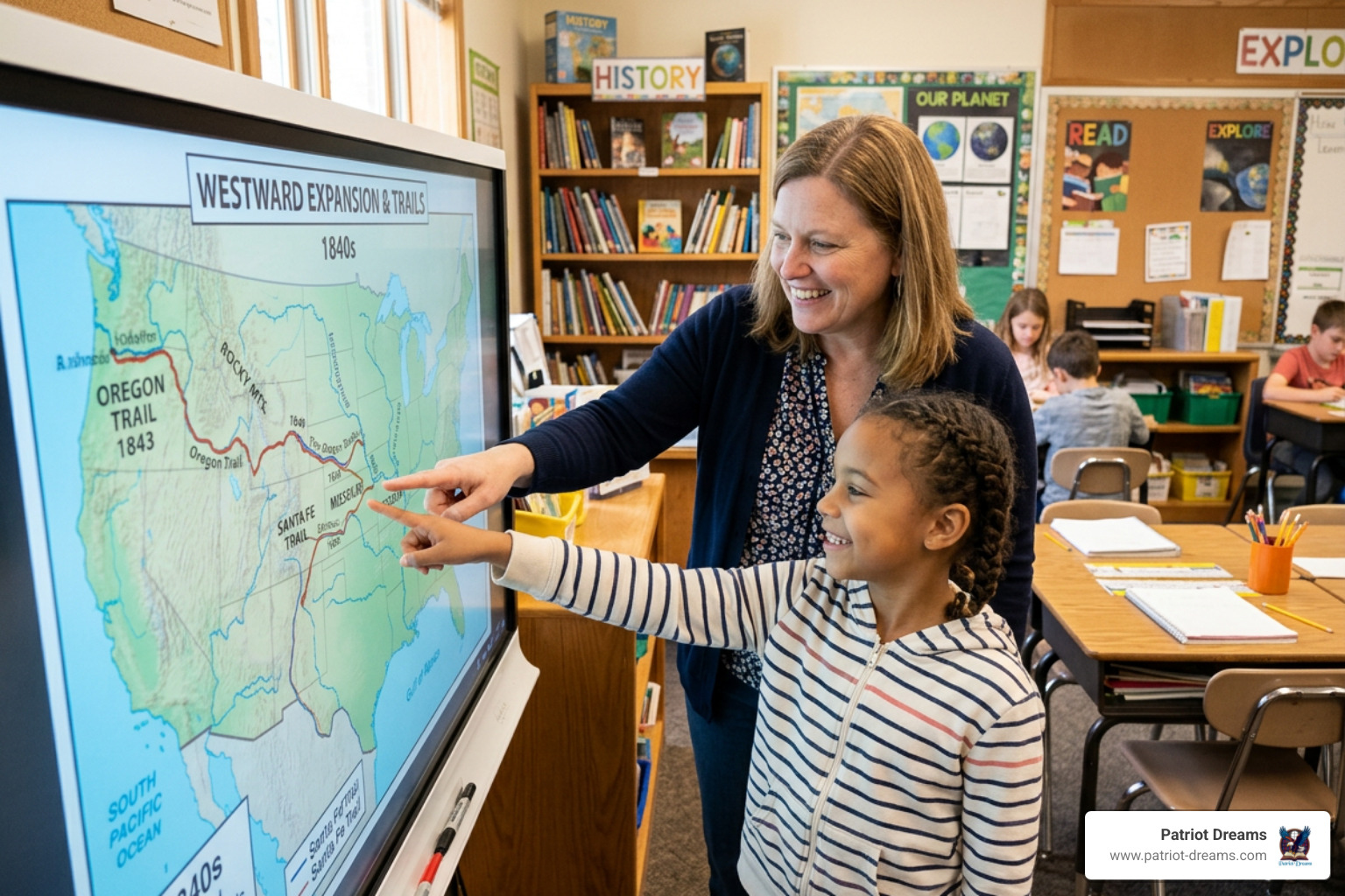 A kind teacher and a curious student looking at a bright, interactive historical map on a classroom screen - historical map