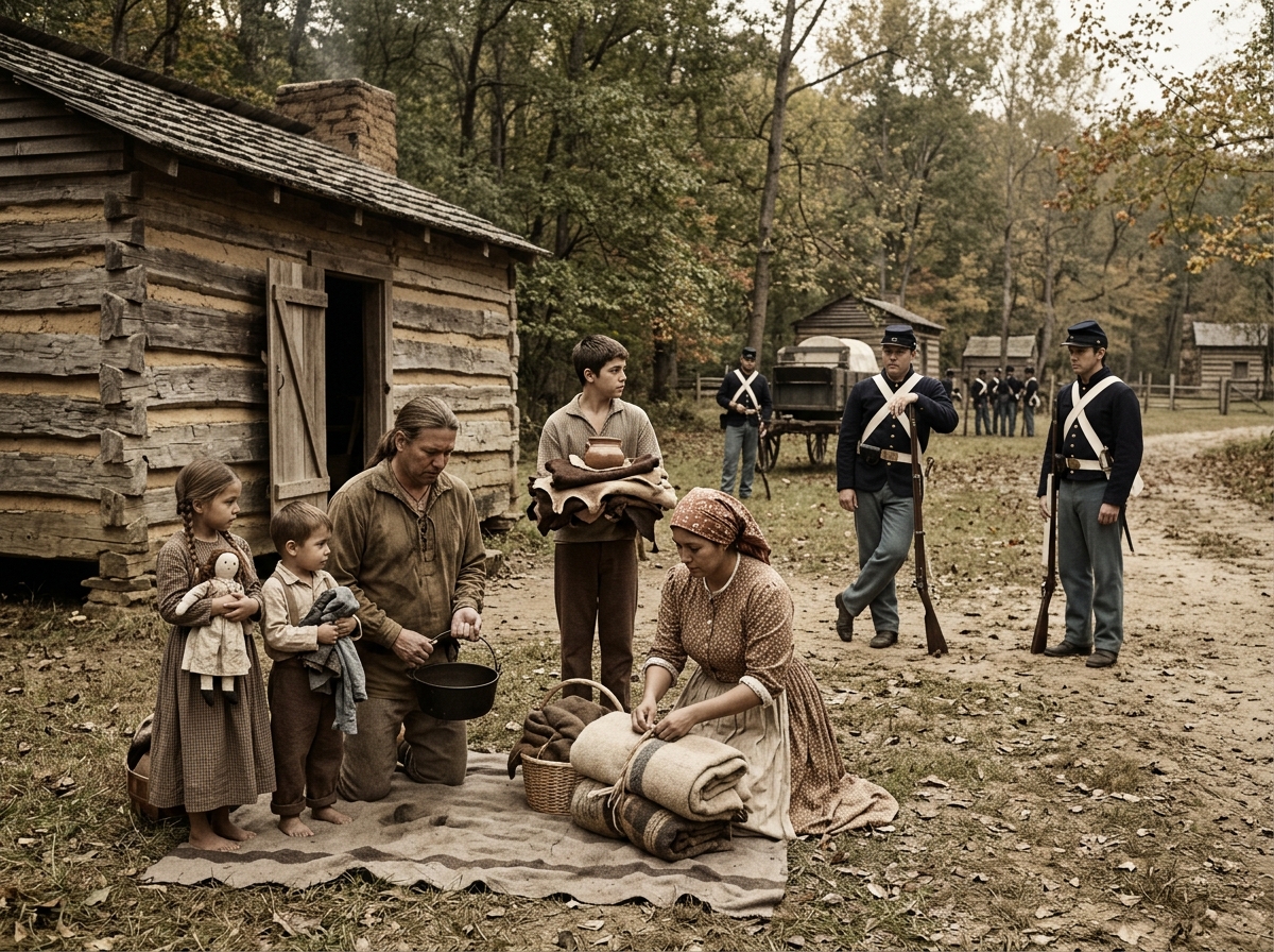 A Cherokee family gathering their few belongings as soldiers wait nearby - Cherokee Trail of Tears stories