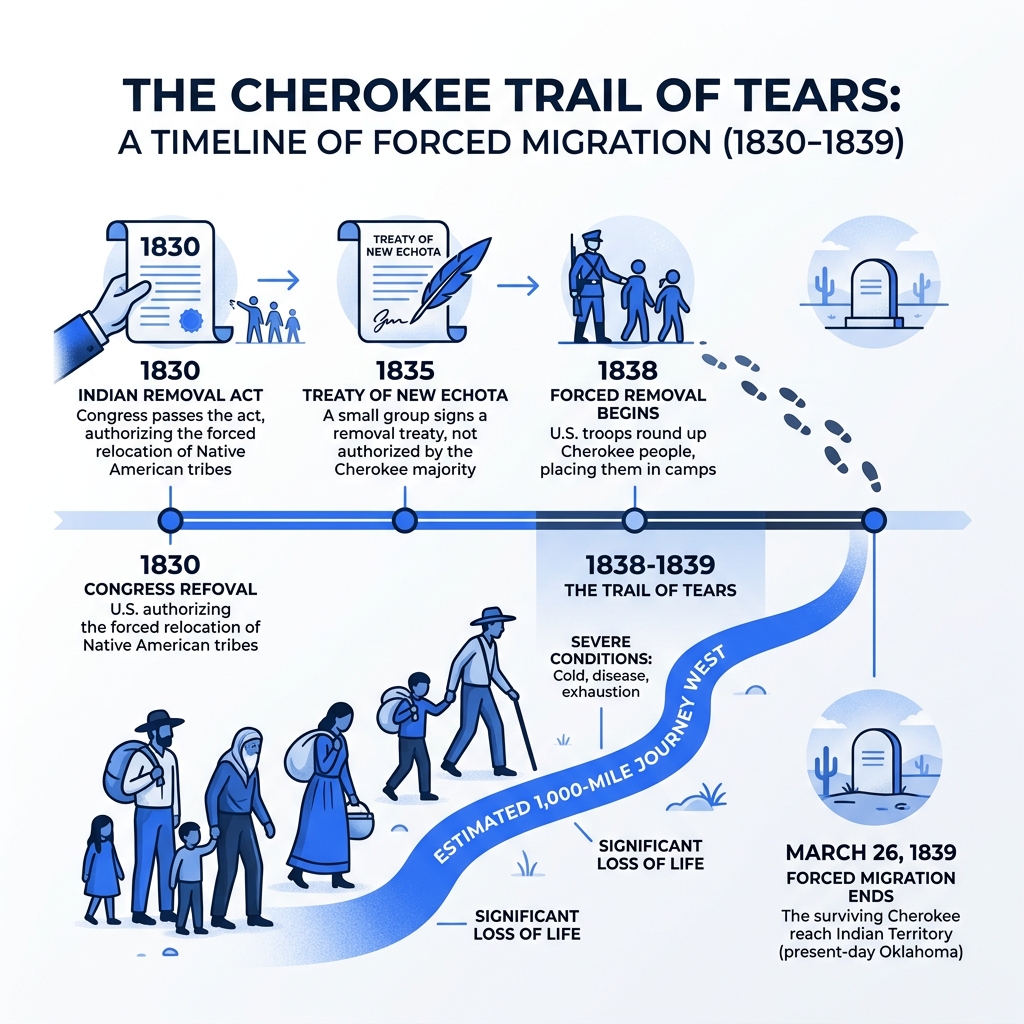 Timeline infographic of Indian Removal Act 1830 to Cherokee forced migration ending 1839 - Cherokee Trail of Tears stories